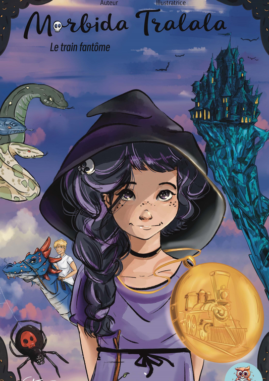 Couverture de Morbida Tralala, Tome 1 : Le Train Fantôme. On y voit Morbida, la petite sorcière espiègle, prête à embarquer dans un train fantôme rempli d’aventures et de surprises magiques pour les jeunes lecteurs.