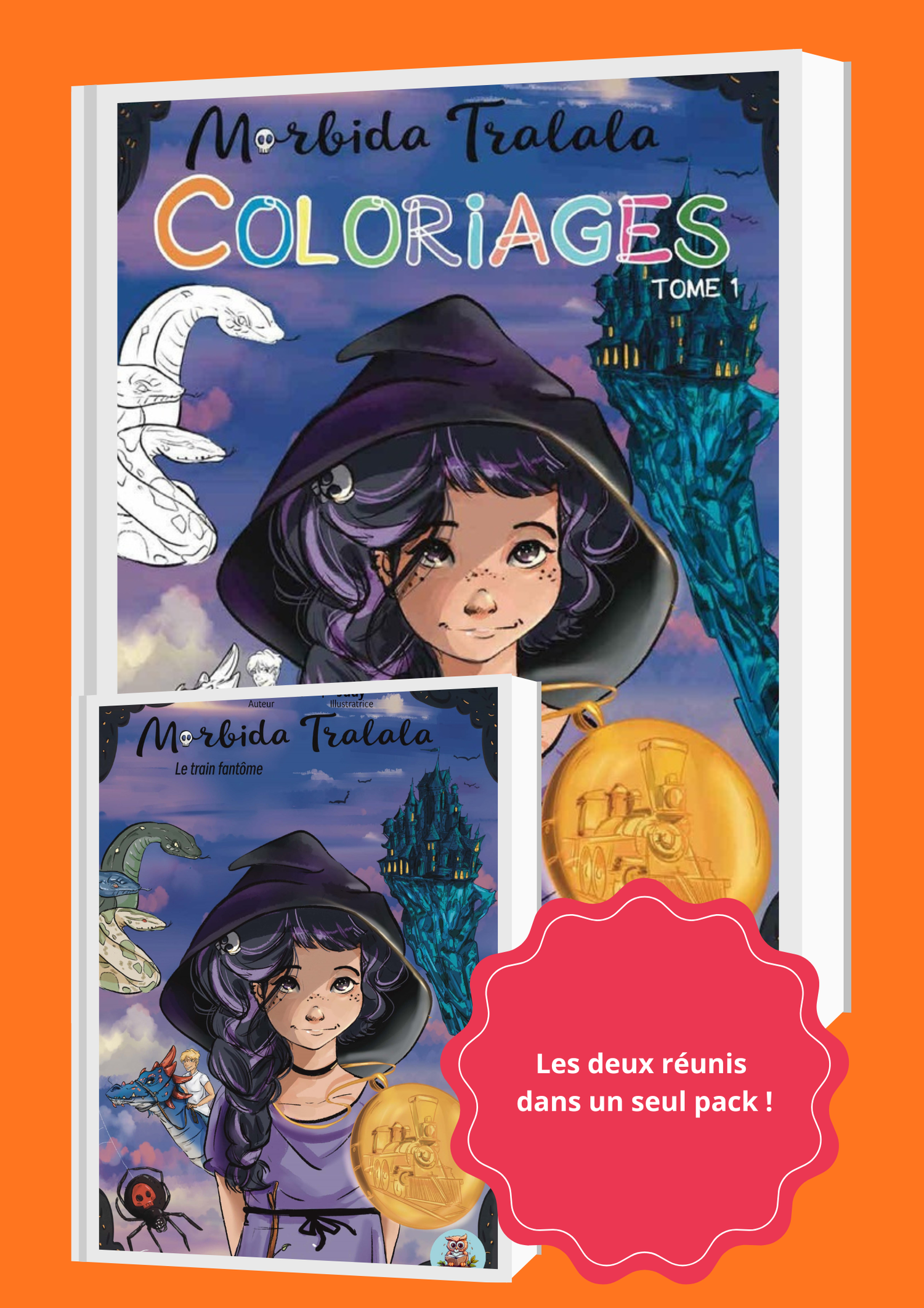Cahier de coloriages Morbida Tralala – Le Train Fantôme. Illustrations magiques et amusantes à colorier pour enfants, inspirées de l’univers fantastique de Morbida Tralala.